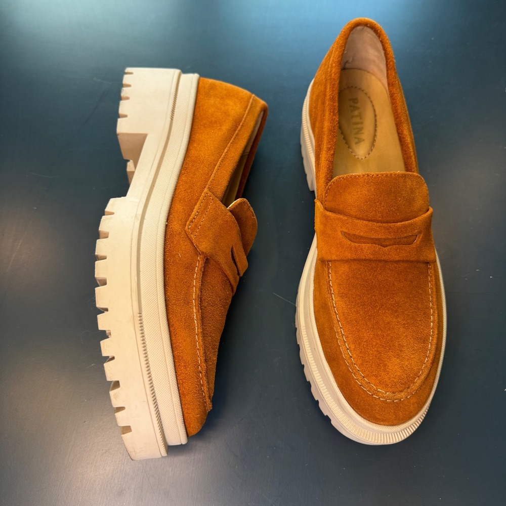 Patina Women 11 EU 42 Caramel Tan Suede Platform Penny Loafers Lug Sole Preppy